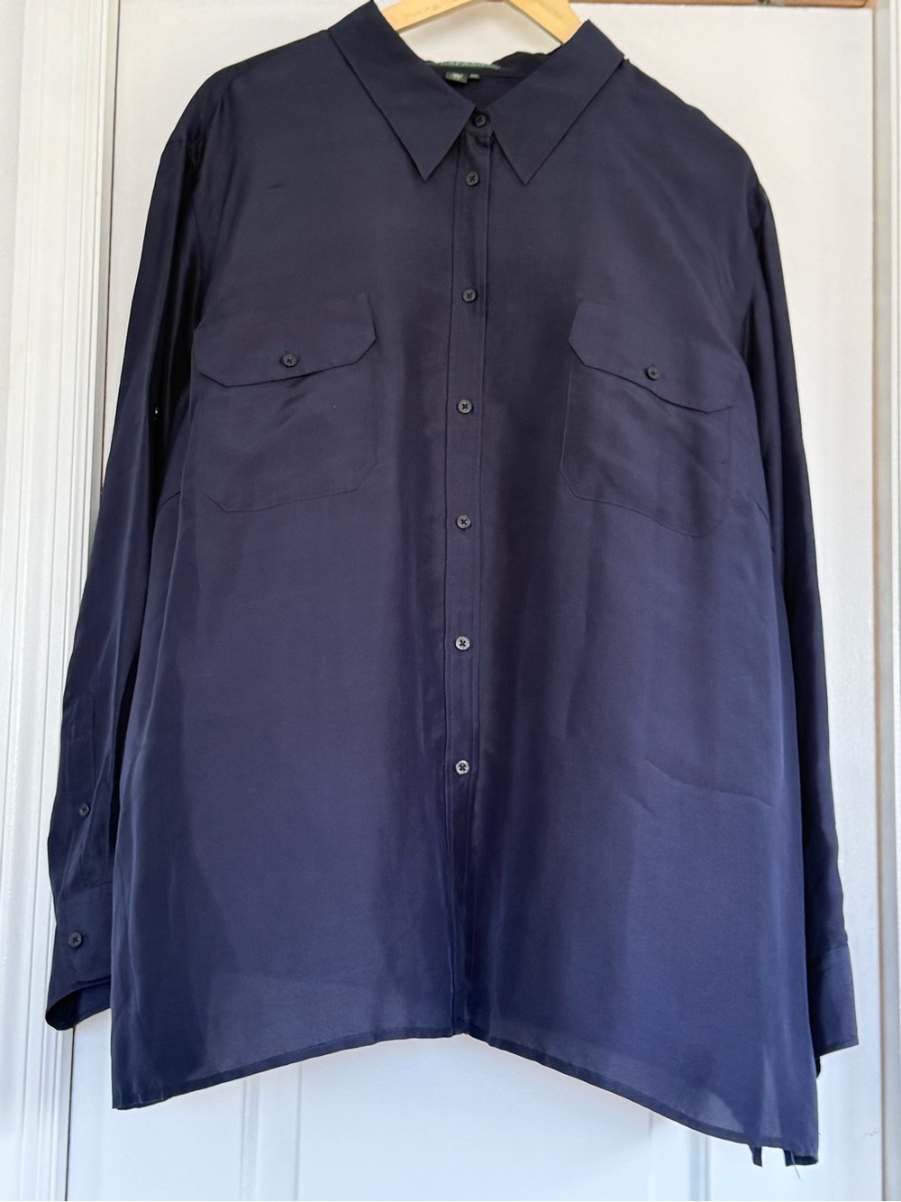 Lauren Ralph Lauren Navy Silk Button-Down Shirt 100% silk